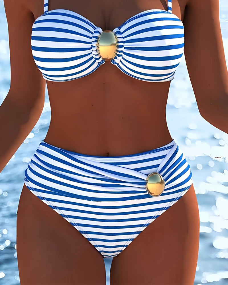 Spaghetti Straps Striped Plastic Button Bikini