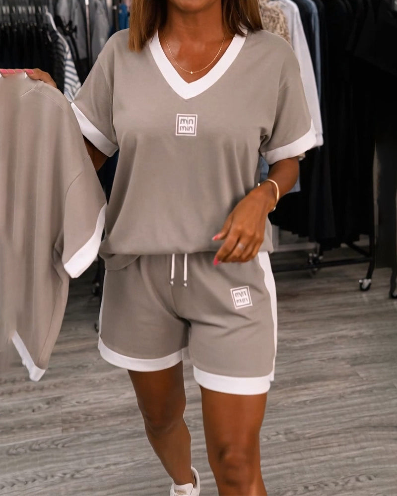 V-Neck Contrast Printed Short-Sleeved Shorts Set