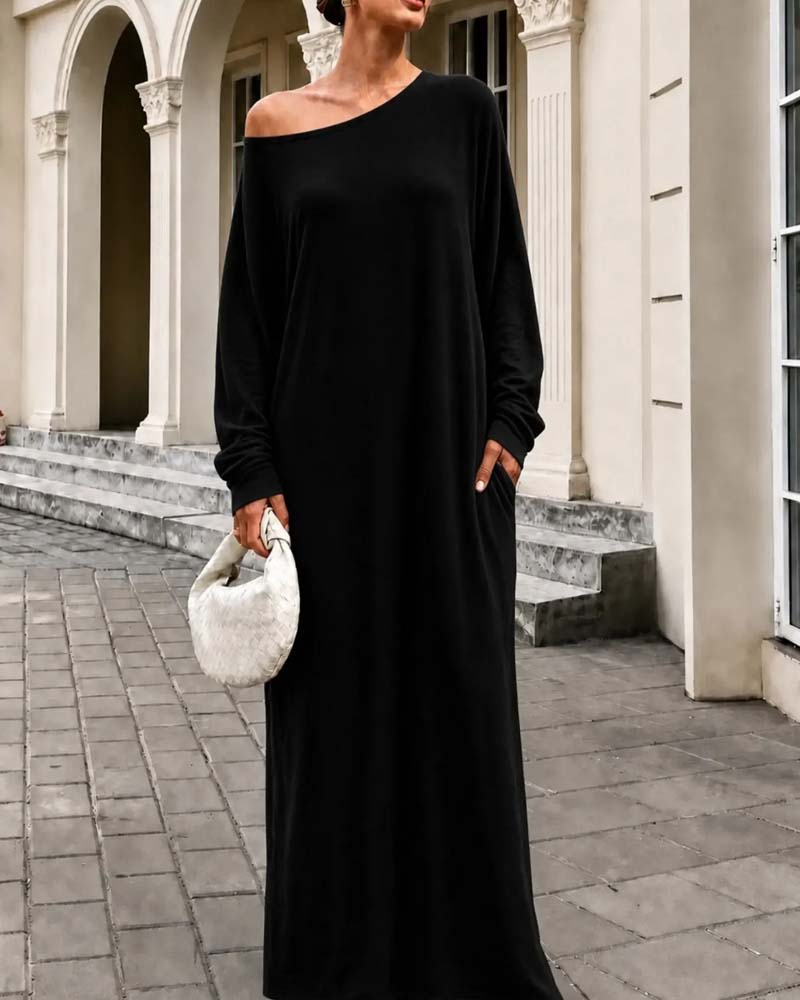 Asymmetric Off-Shoulder Long Sleeve Pocket Maxi Dress