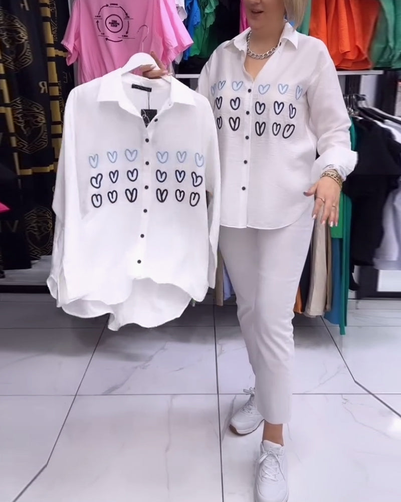 Heart print simple button shirt