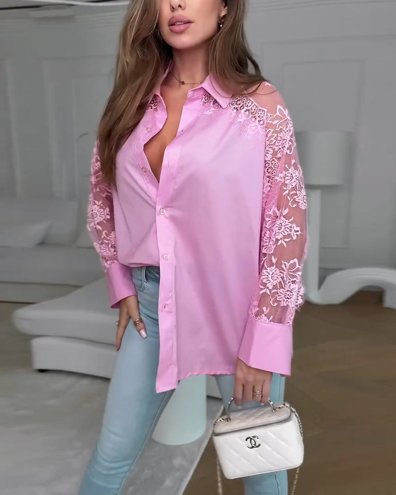 Elegant Lace Patchwork Lapel Shirt