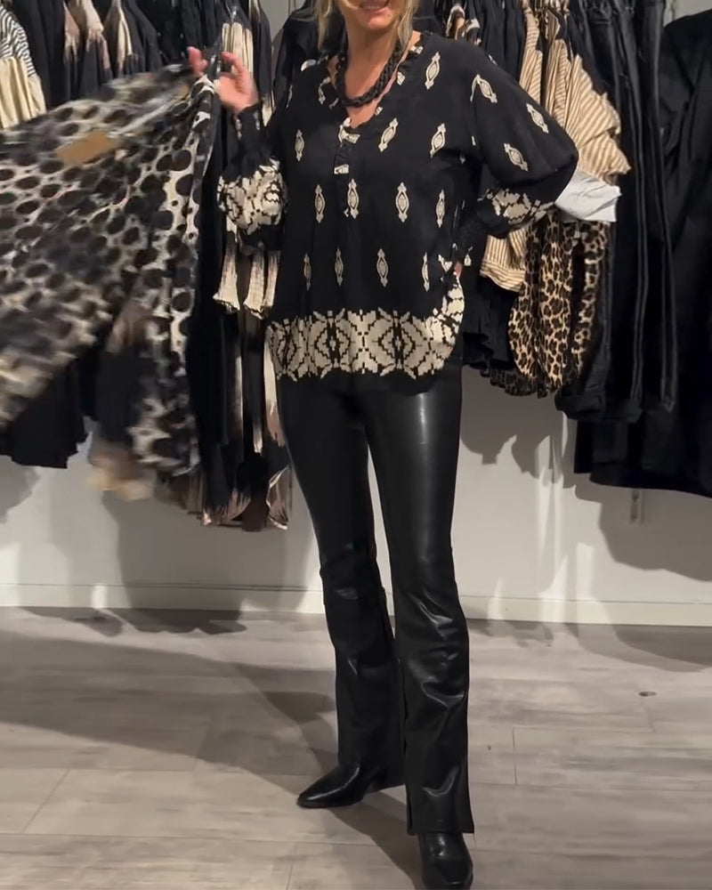 V-neck lantern sleeve printed shirt