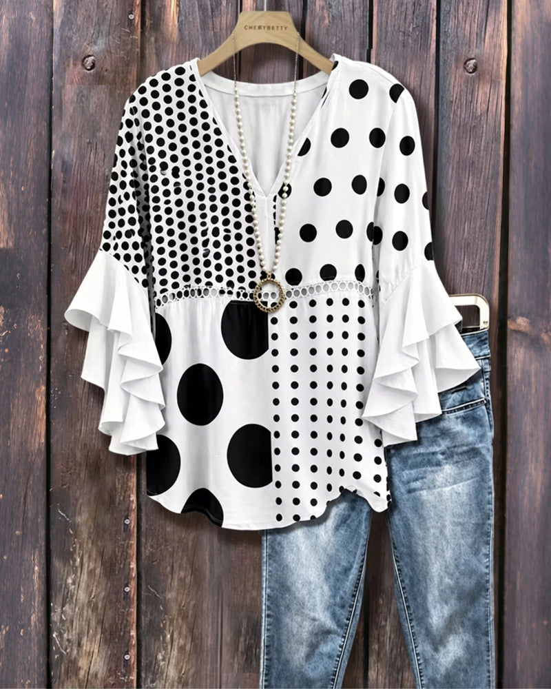 Mixed Polka Dot Patchwork Ruffle Blouse