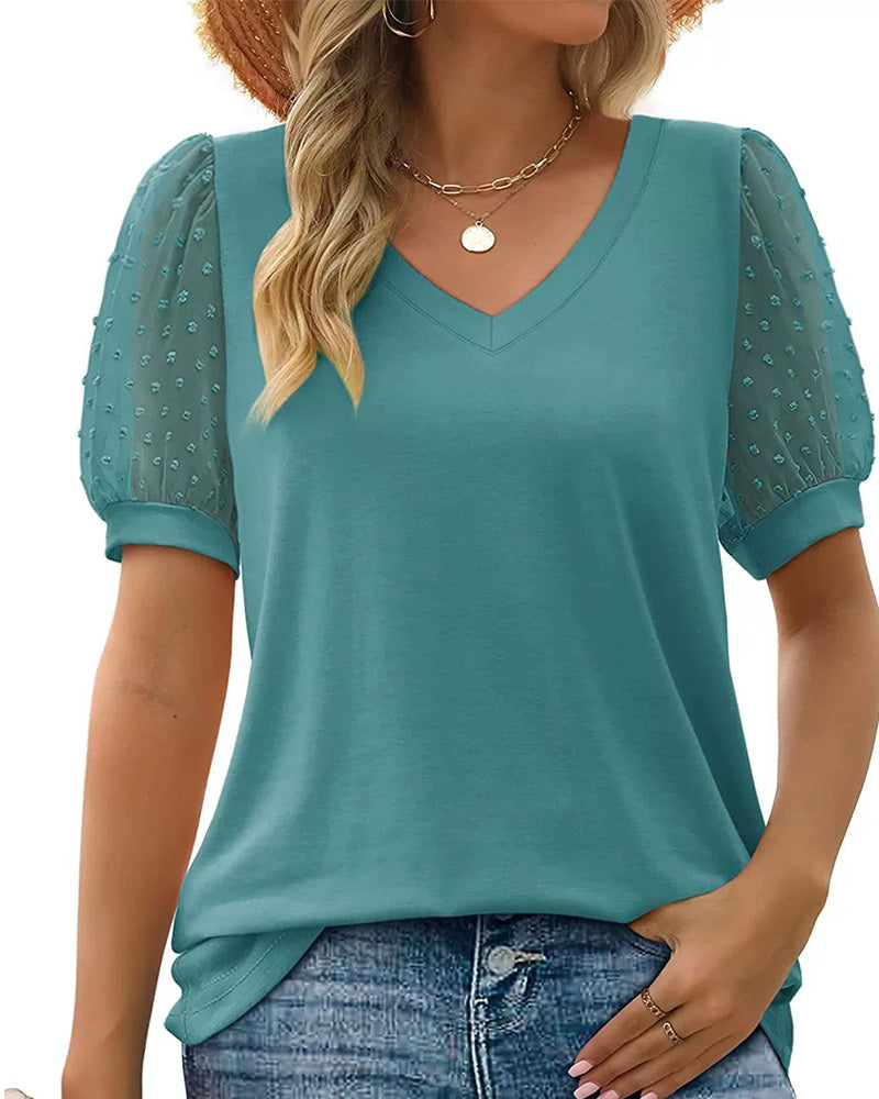 Solid Mesh Puff Sleeve Blouse