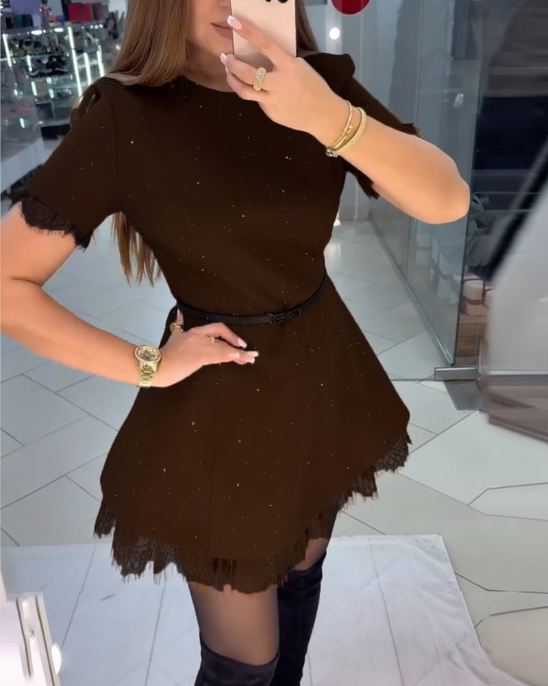 Sparkling Lace Short-Sleeve A-Line Dress