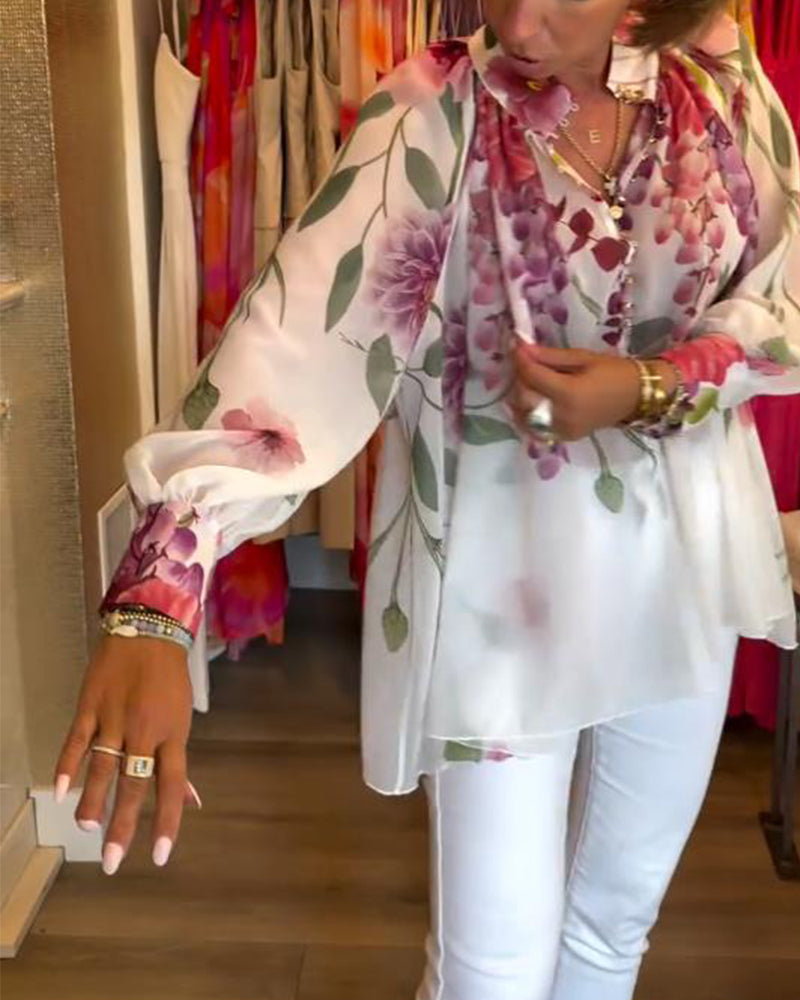 Lantern Sleeve Casual Printed Blouse