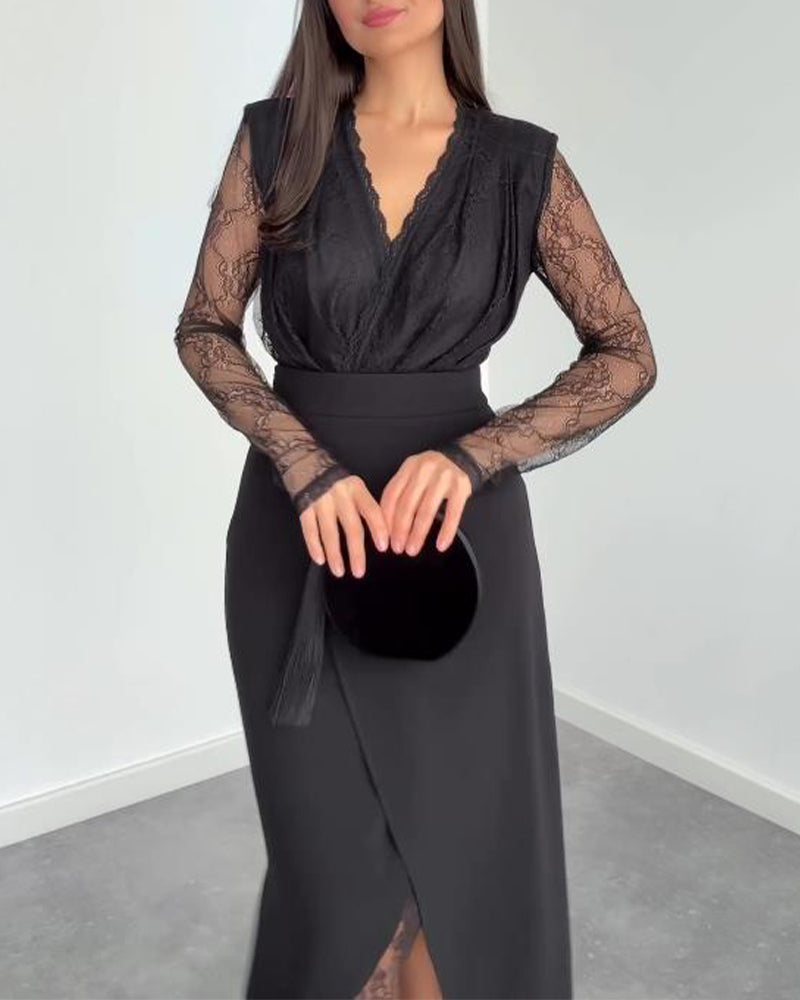 V-Neck Lace & Asymmetric Midi Skirt Set