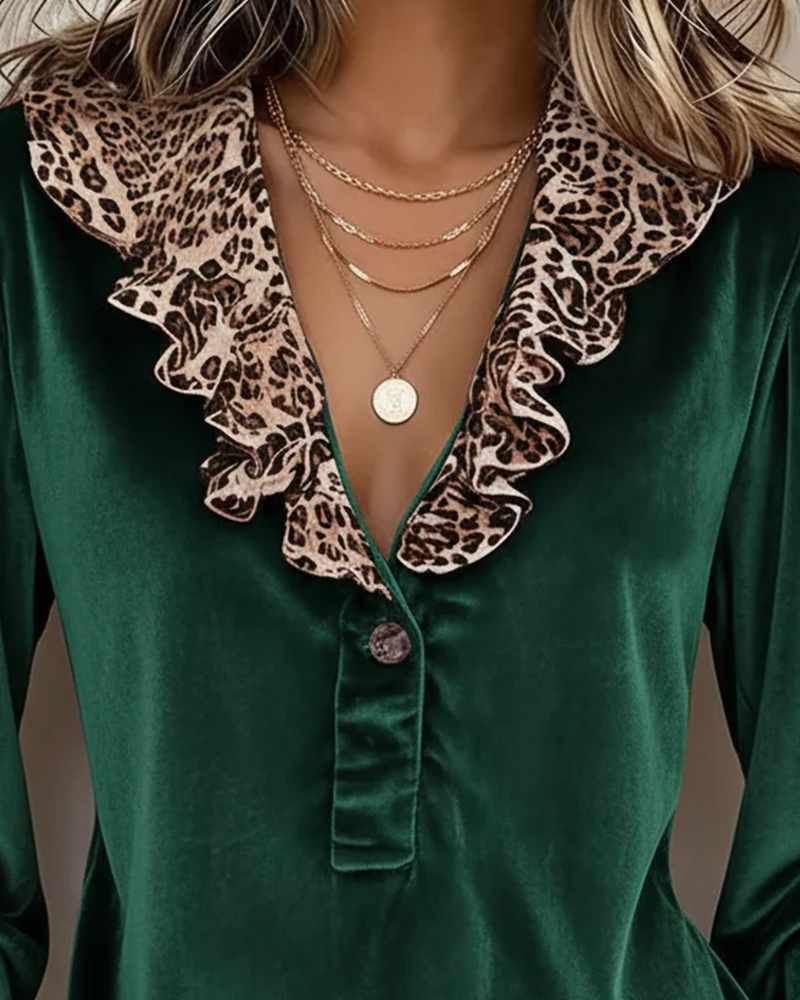 V-Neck Button Ruffle Leopard Top