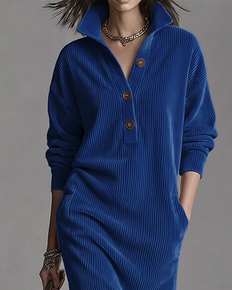 Collared Button Pocket Striped Dress