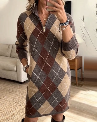 Lapel Zipper Plaid Contrast Sweater Dress