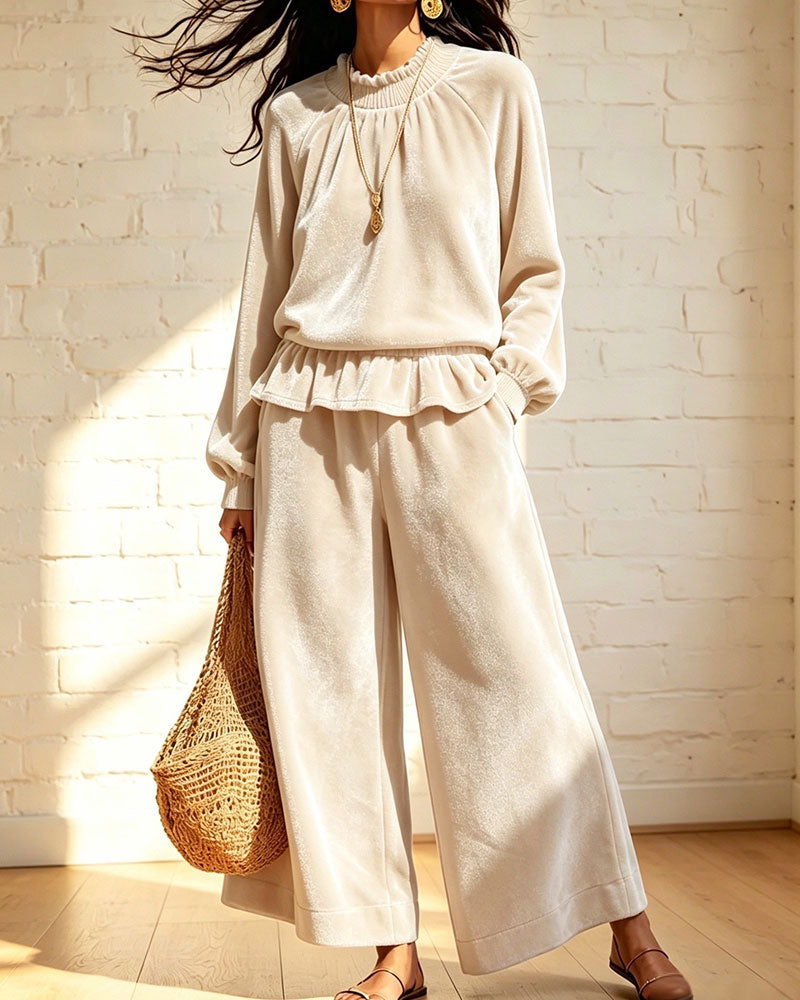 Solid Color Ruffled Top Wide-Leg Pants Set