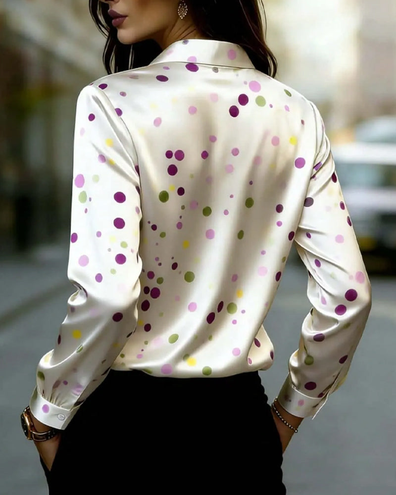 Polka Dot Long Sleeve Ruched Blouse