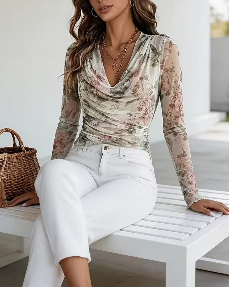 Gathered‑Neck Floral Print Pleated Blouse