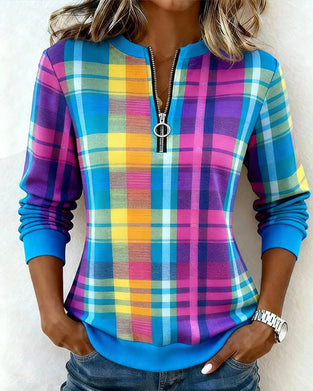 Half-Zip Colorful Plaid Sweatshirt