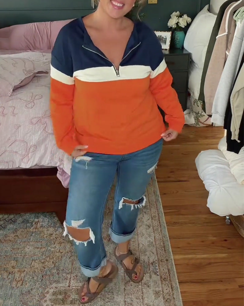 Zippered Stand-Collar Color-Blocked Long-Sleeved Sweatshirt