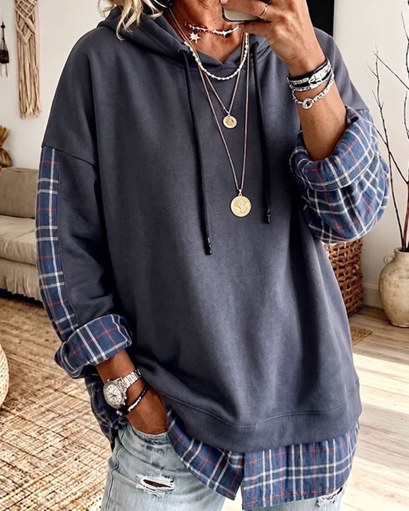 Plaid Mock Layered Hoodie