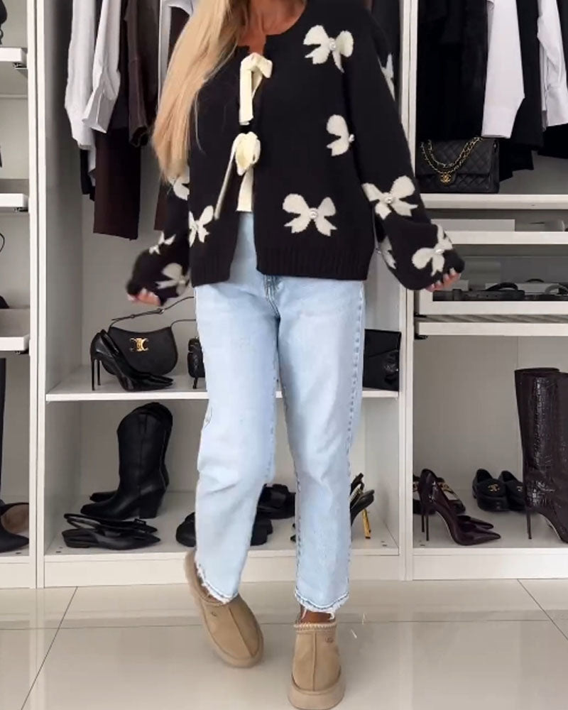 Bow beaded lace-up cardigan