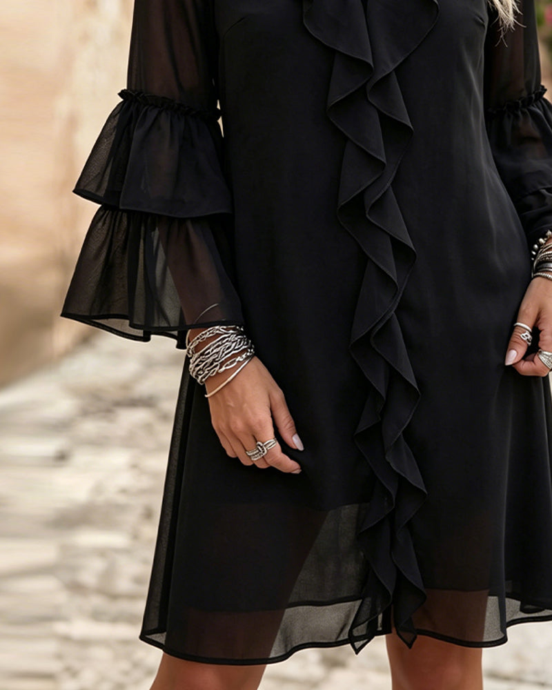Ruffle Flare Sleeve V-Neck Dress