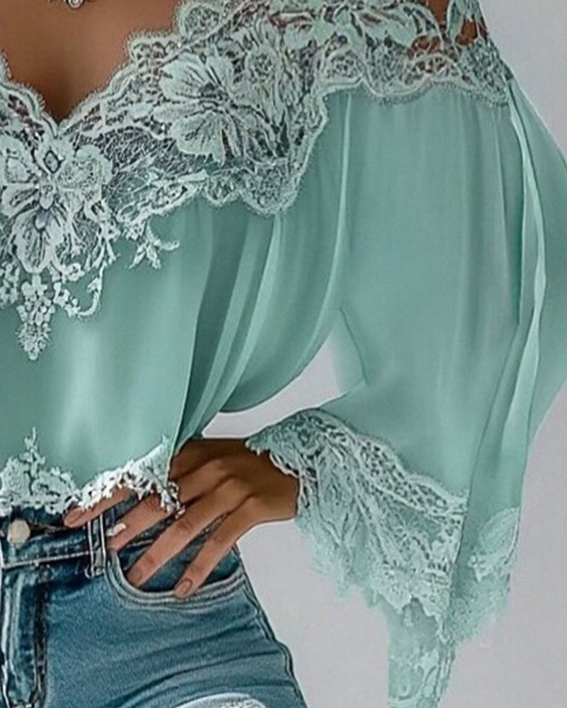 V-Neck Patchwork Loose Long-Sleeved Blouse