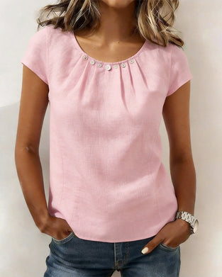 Pleated Button Round Neck Blouse