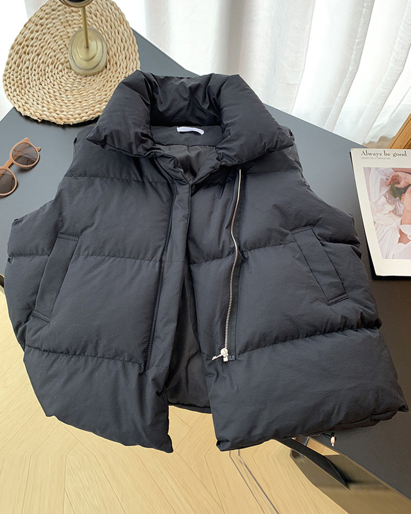 Simple solid color zipper pocket sleeveless padded jacket