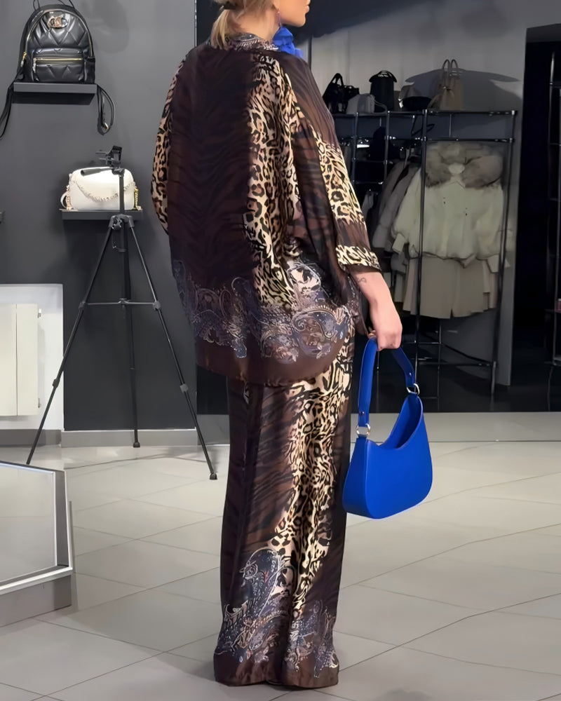 Stylish Leopard Print Wide-Leg Pants Set