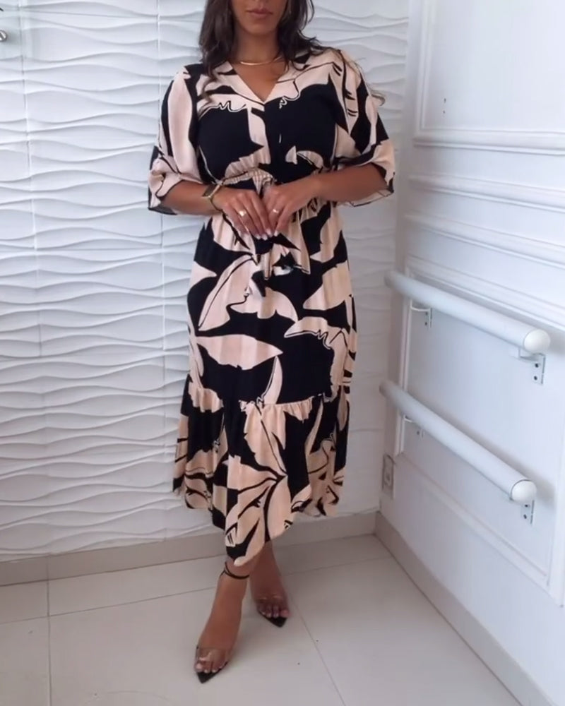 Aumora V-neck three-quarter sleeve drawstring elegant dress