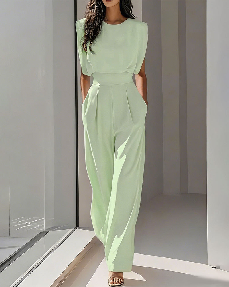 Solid Casual Belted Jumpsuit