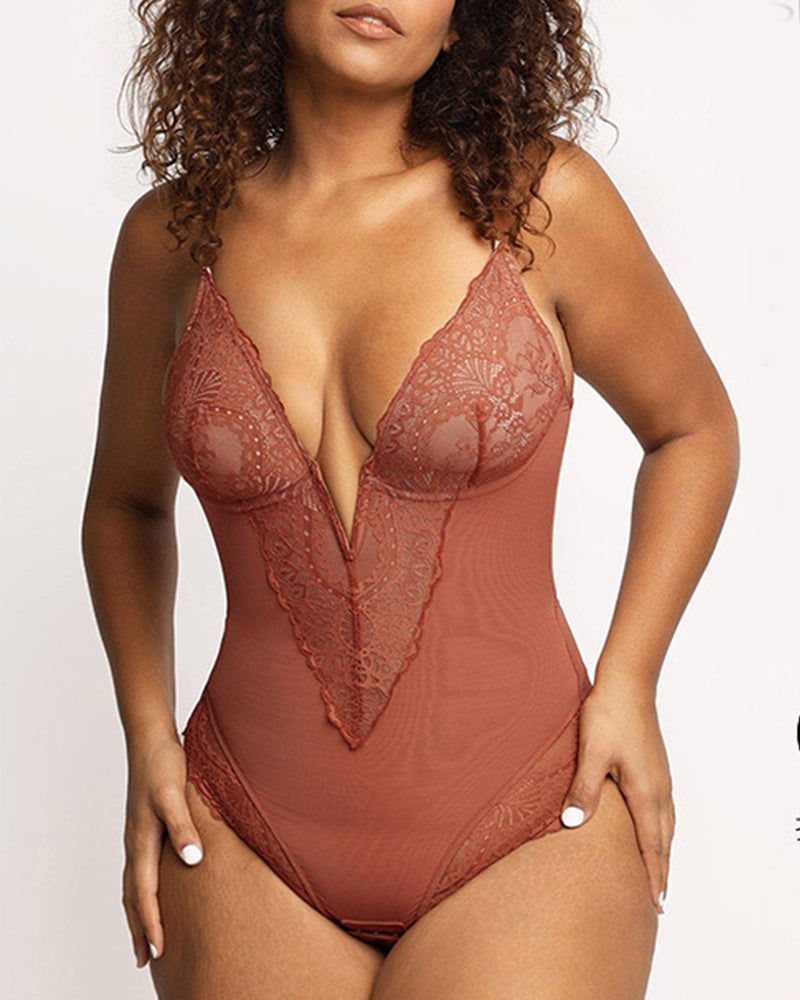 Deep-V Neck Lace Shapewear Bodysuit