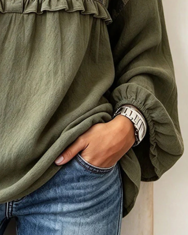 Camo Patchwork Ruffle Trim V-Neck Top