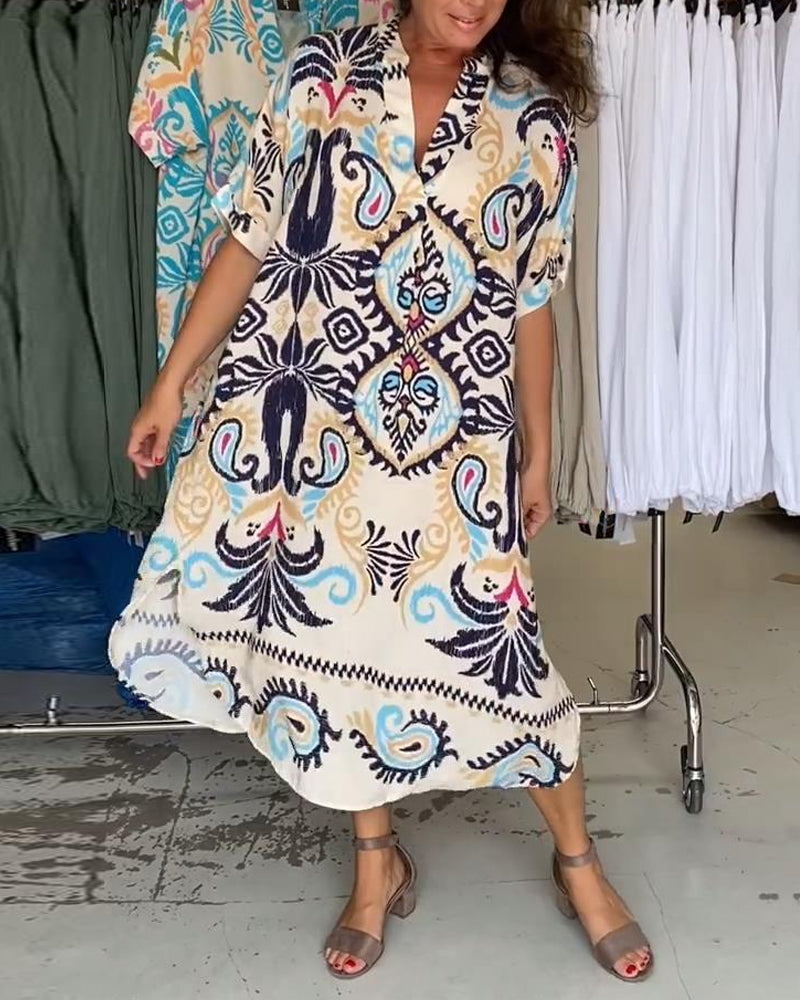 V-neck half-sleeved bohemian loose dress