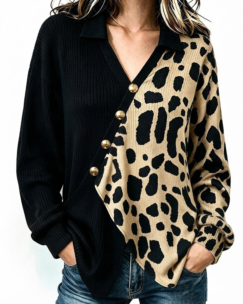 Leopard Patchwork Asymmetric Placket Color Block Pullover