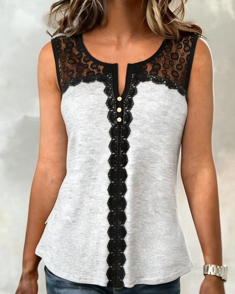 Lace Patchwork Sleeveless Color Block Tank Top
