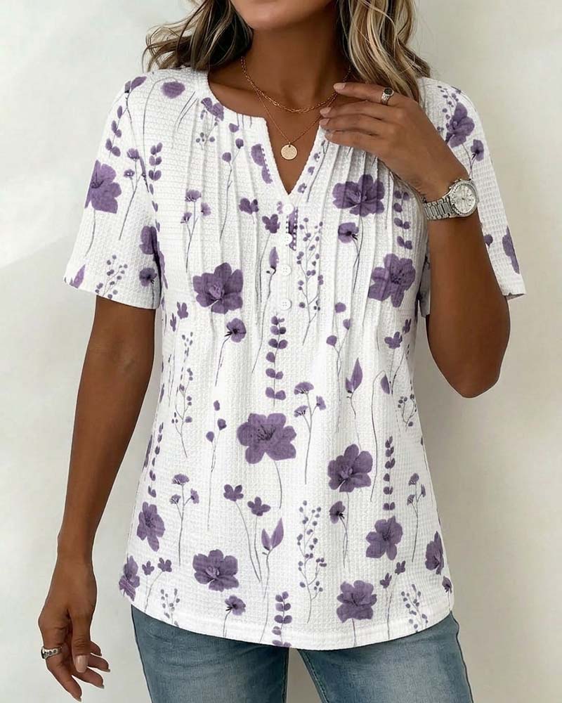 Waffle V-Neck Floral T-Shirt