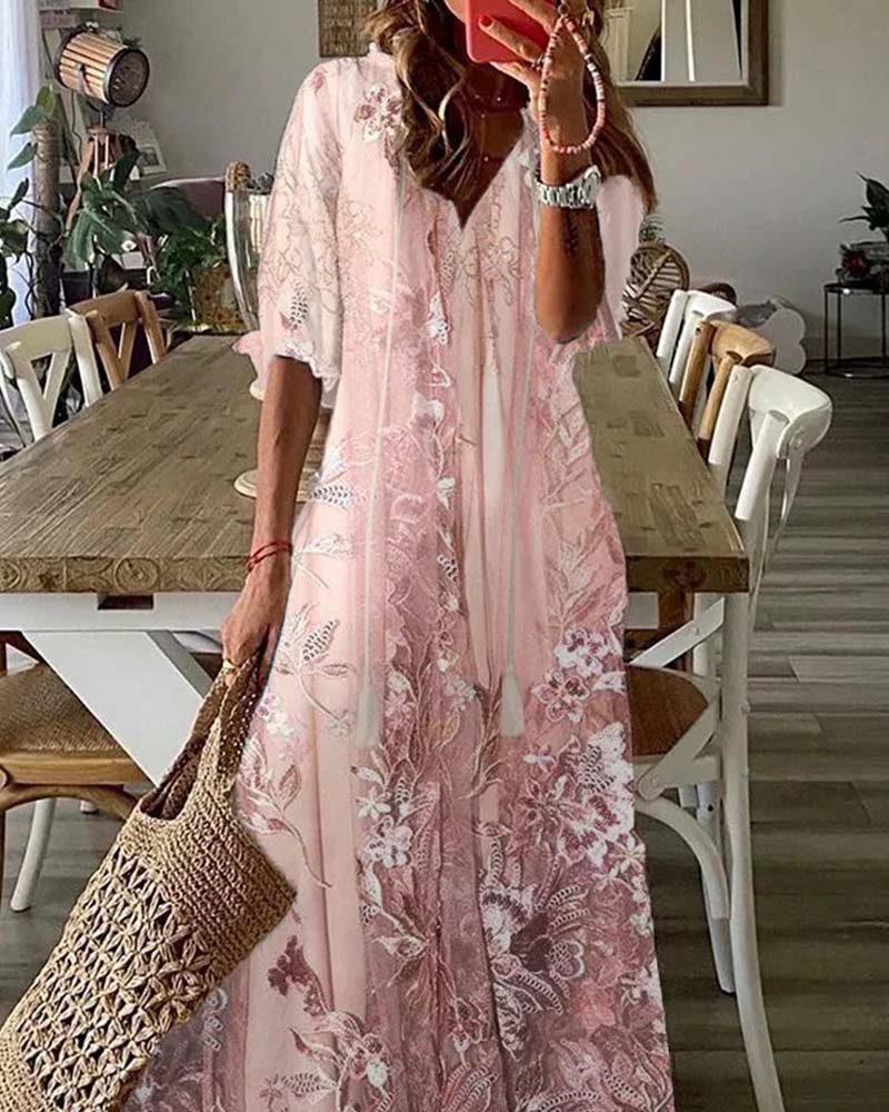 V-Neck Floral Ruffle Full Skirt Dress