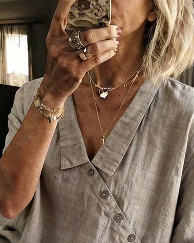 Asymmetrical Diagonal-Placket Collared Blouse