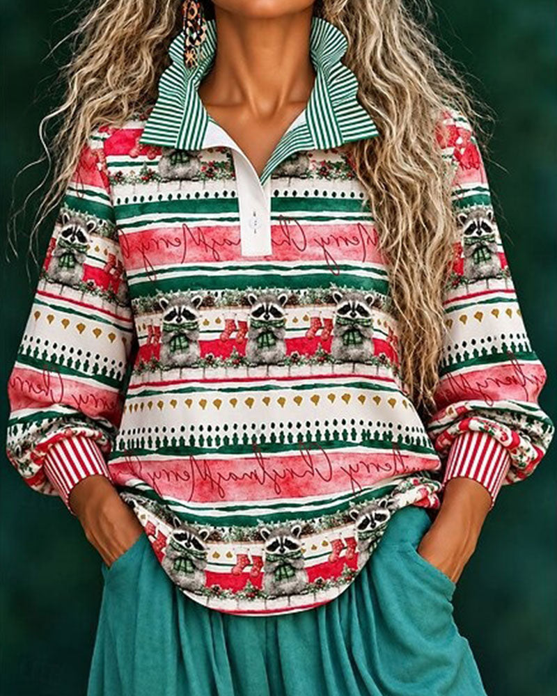 Christmas Raccoon Striped Patchwork Top