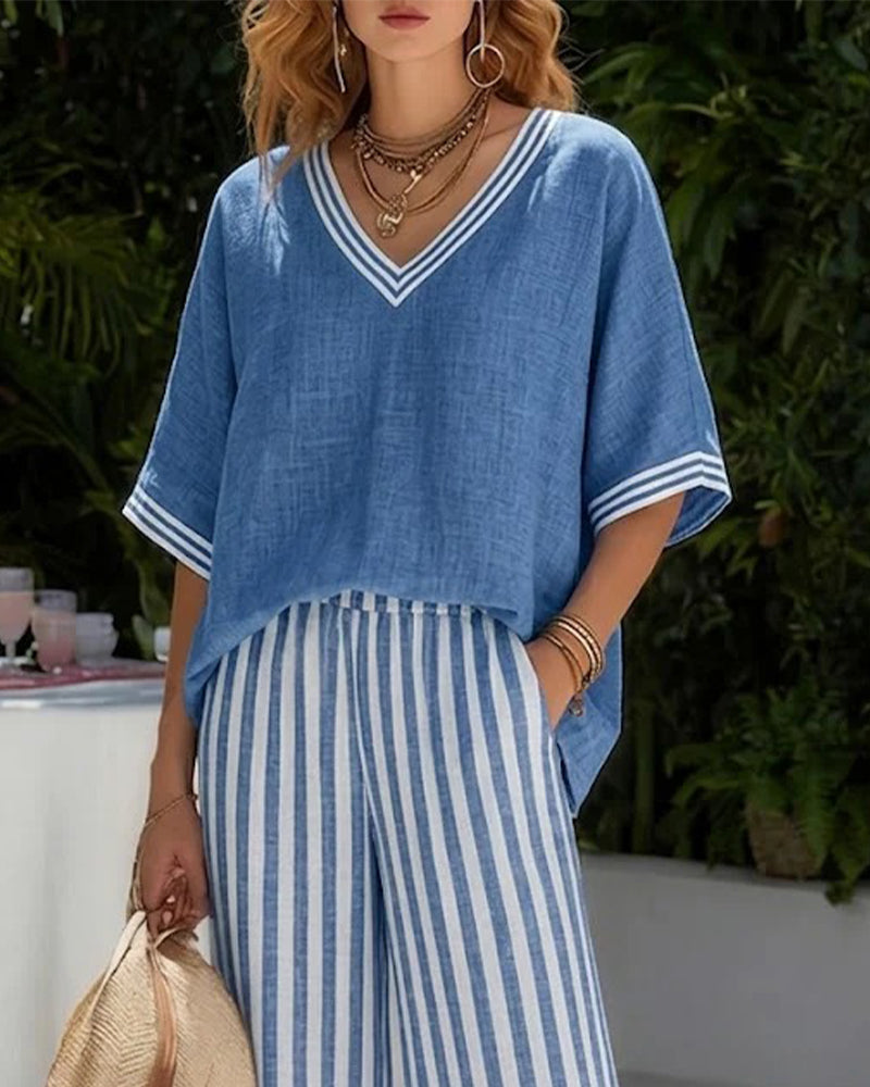 V-Neck Batwing Sleeve Stripe Wide Leg Pants Set