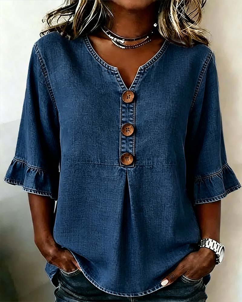 V-Neck Flared Sleeve Denim Blouse