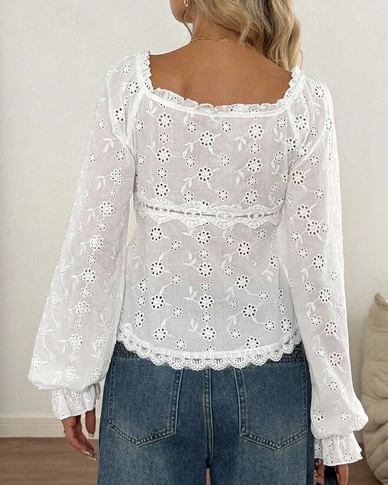 Square Neck Lace Trim Cutout Bubble Sleeve Blouse