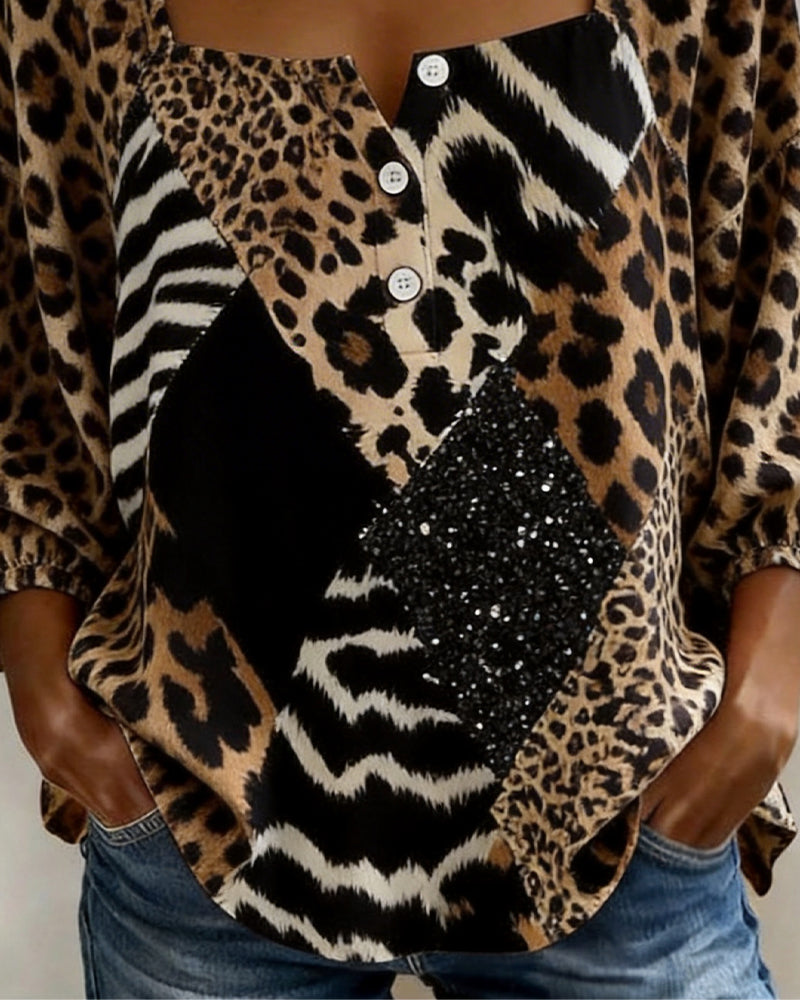 Square Neck Leopard Print Patchwork Sequin Blouse