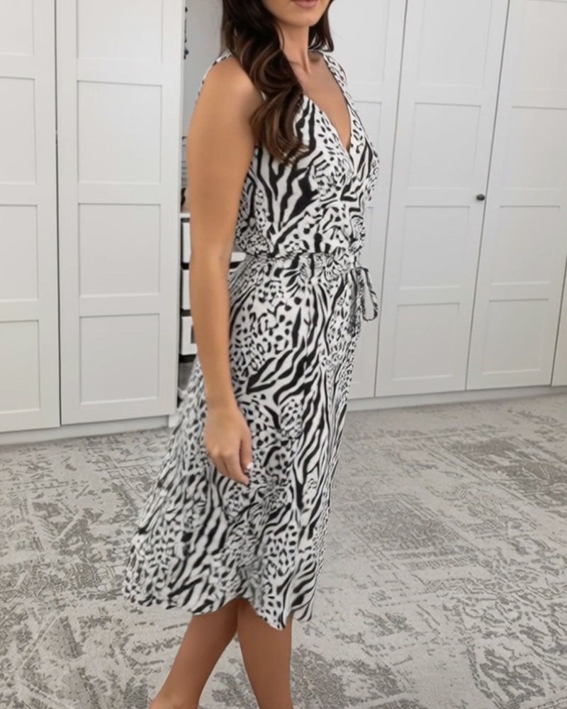 V-Neck Sleeveless Leopard Print Dress