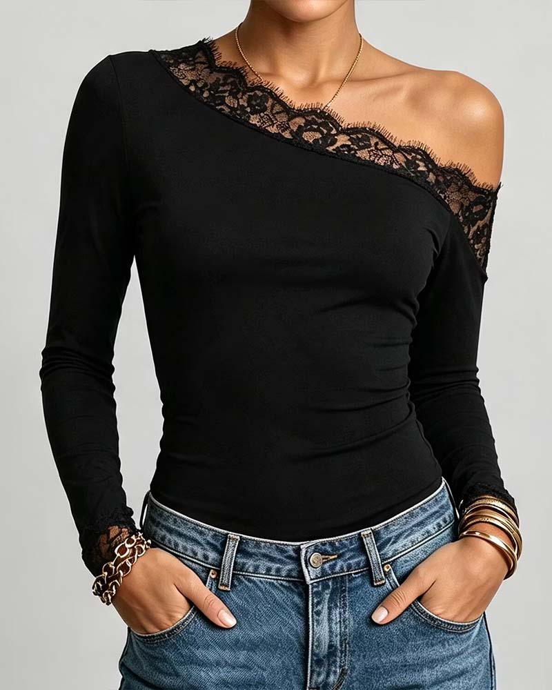 One-Shoulder Fitted Lace Patchwork Top
