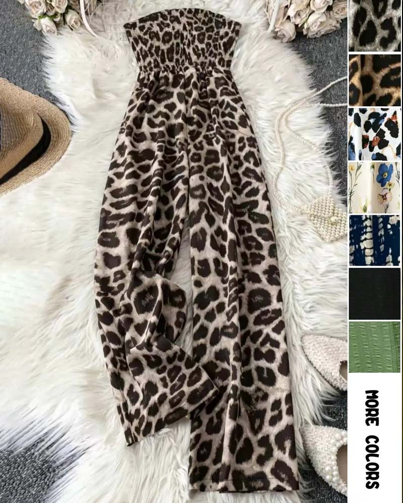 Strapless Leopard Print Wide Leg Waist-Cinching Jumpsuit