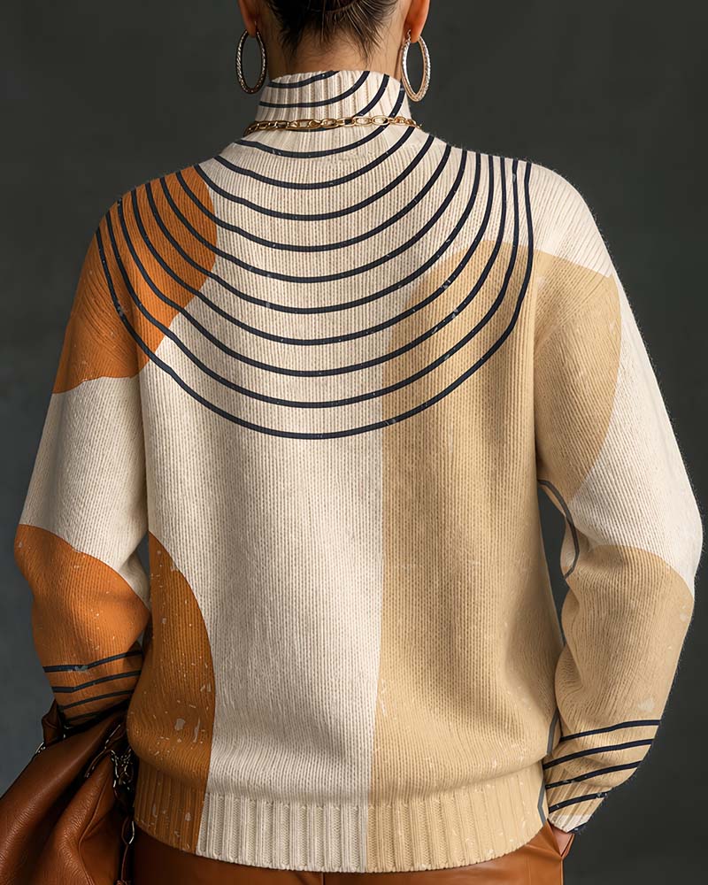 Geometric Line Color Block High Neck Pullover