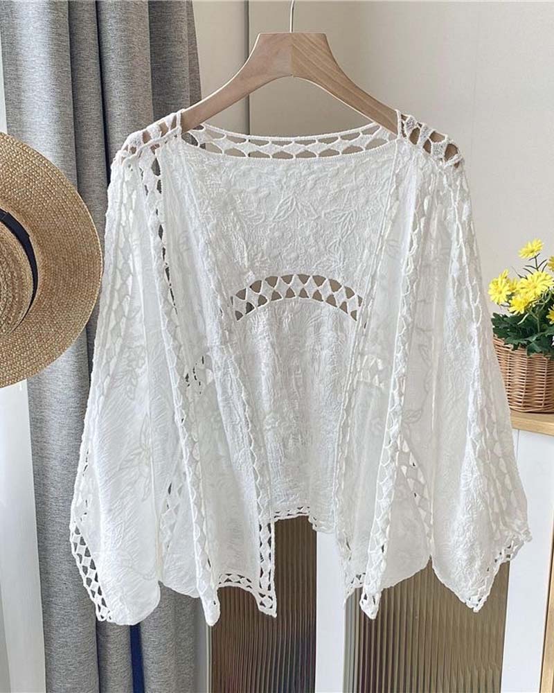 Solid Color Long Sleeve Hollow Out Cover Up