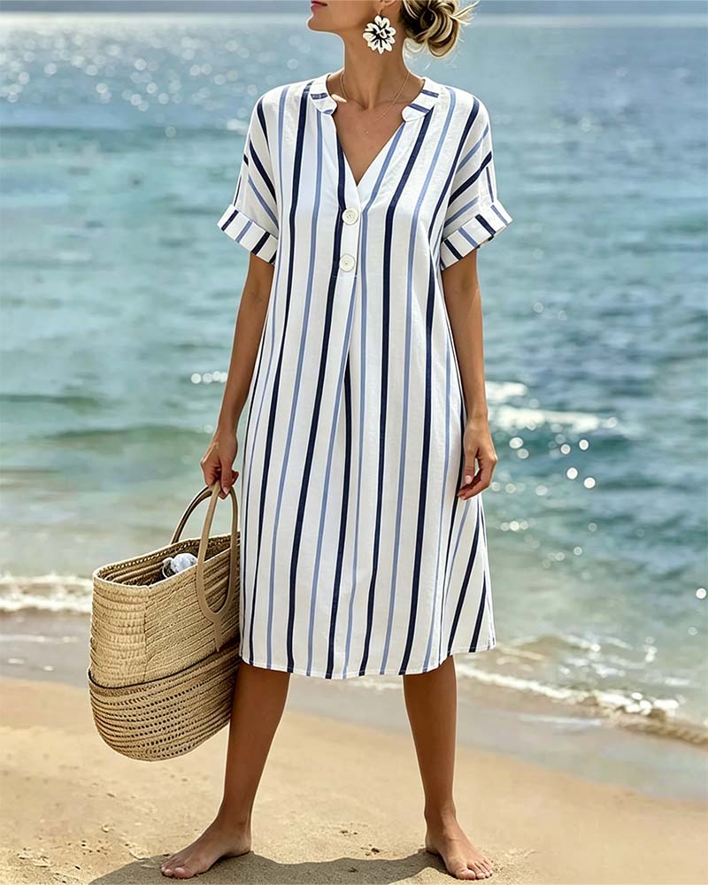 V-Neck Striped Short-Sleeved Dress