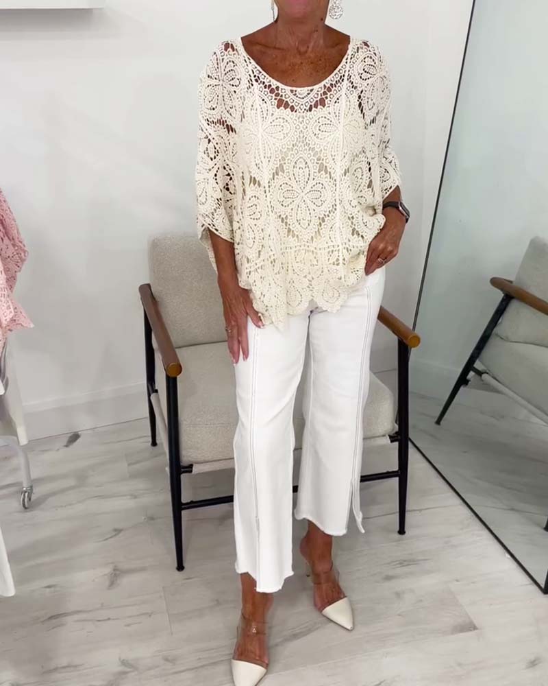 Three-Quarter Sleeve Cutout Pullover