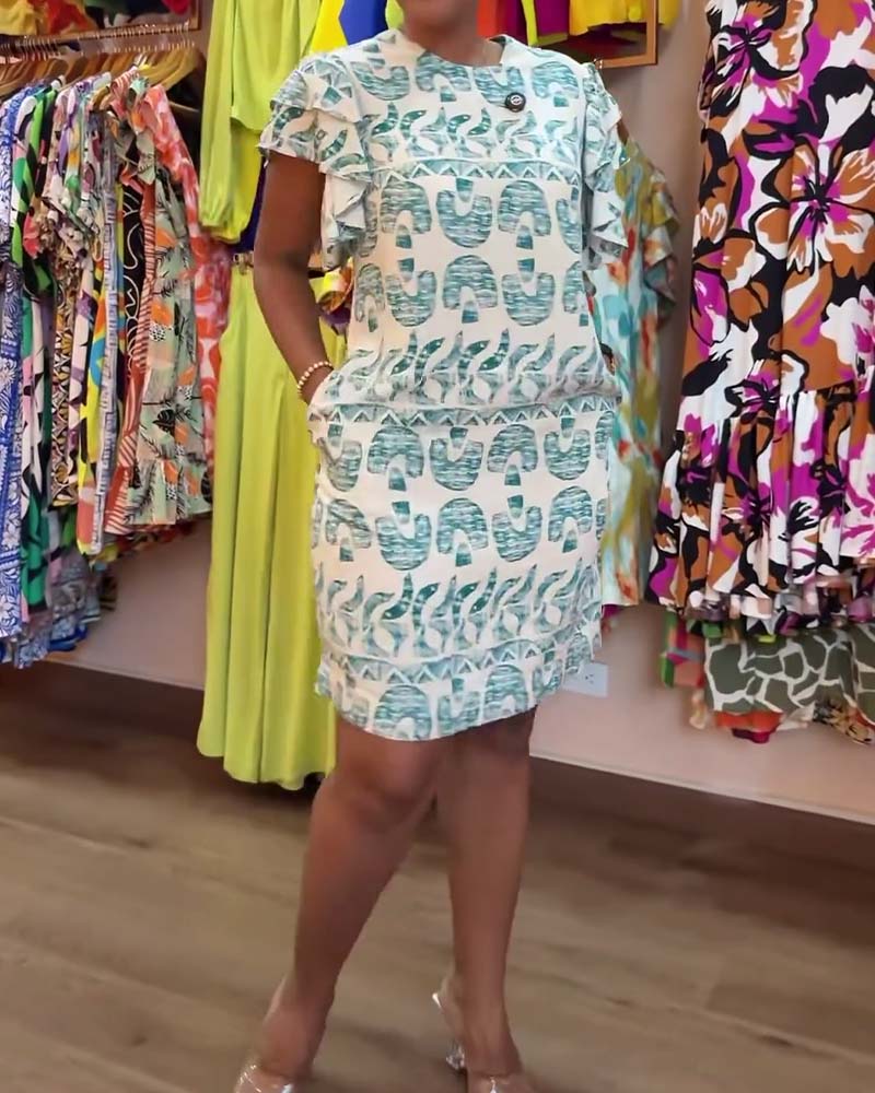 Retro Print Ruffled Short-Sleeved Dress