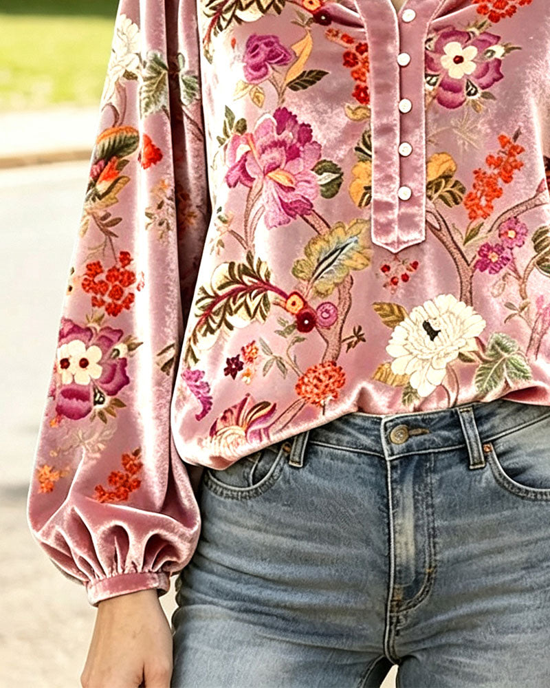 V-Neck Button Draped Floral Blouse